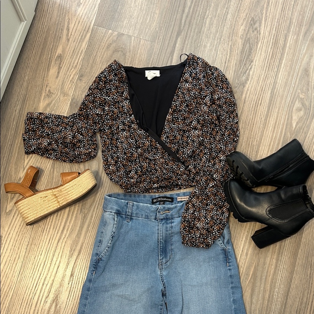 Elegant Wrap Blouse - Black and White